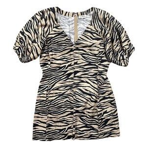 Nicholas Linen Animal Print Zebra Puff Sleeve Mini Dress Tan Black Size US 6